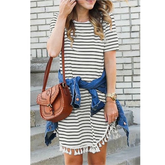 Striped T-Shirt Mini Dress with Tassels - Picture 2 of 2
